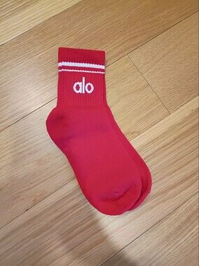 ALO Yoga Red Half Crew Socks with White Logo and Stripes